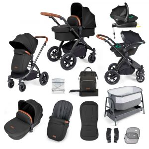 ickle bubba stomp luxe i-size isofix all in one travel system black midnight tan handle bedside crib