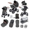 ickle bubba stomp luxe i-size isofix all in one travel system silver charcoal grey tan handle bedside crib