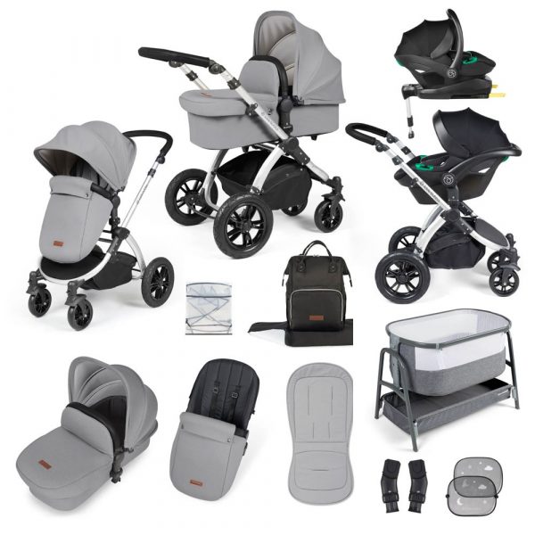 ickle bubba stomp luxe i-size isofix all in one travel system silver pearl grey black handle bedside crib