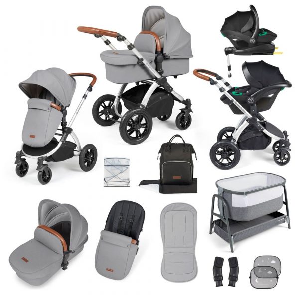 ickle bubba stomp luxe i-size isofix all in one travel system silver pearl grey tan handle bedside crib