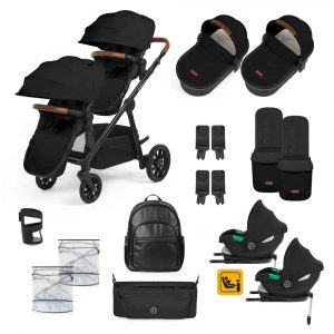 virgo twin 18 piece travel system with i-size cirrus car seats isofix bases black